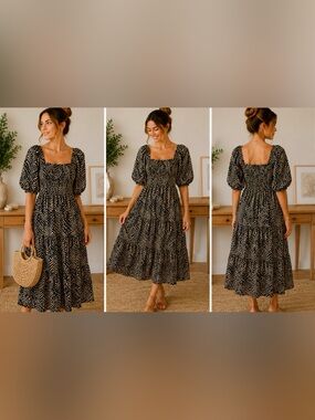 568 MNG Mango Black Cream Zebra Print Puff Sleeve Smocked Midi Dress Small